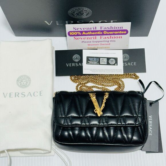 NWT Versace Virtus Mini Black Quilted Leather Crossbody Bag with Gold Chain - Picture 6 of 15
